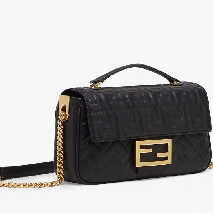 Cheap HOT Motif Bag FF Leather Baguette Fendi Nappa Chain Midi Black In 0516